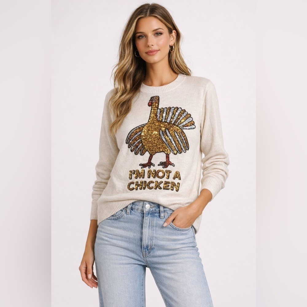 H&M Vintage cream Sweater with Sequin “I’m not a chicken” Thanksgiving sweater S